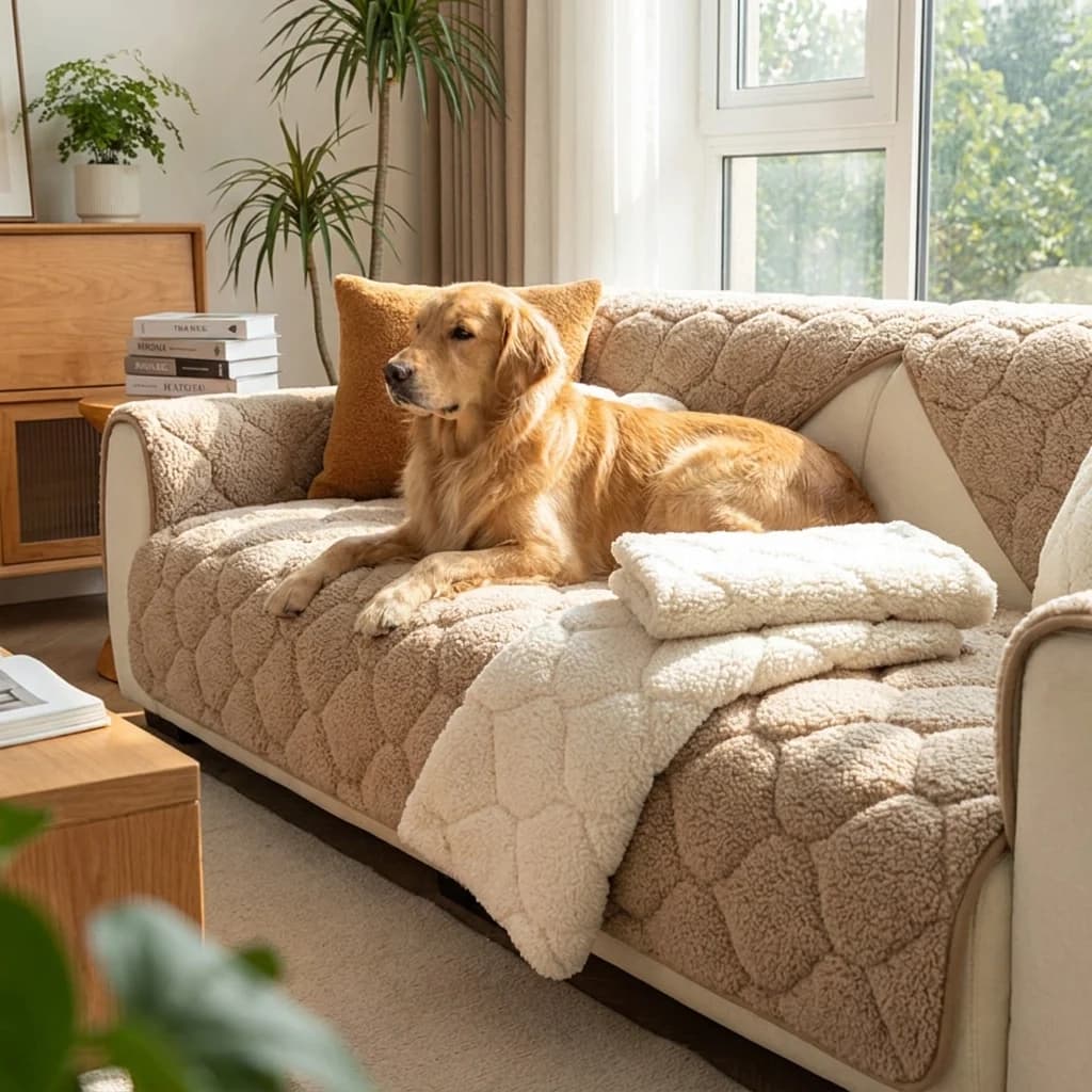Golden Retriever relaxing on a beige quilted sherpa fleece sofa cover in a bright cosy modern living room