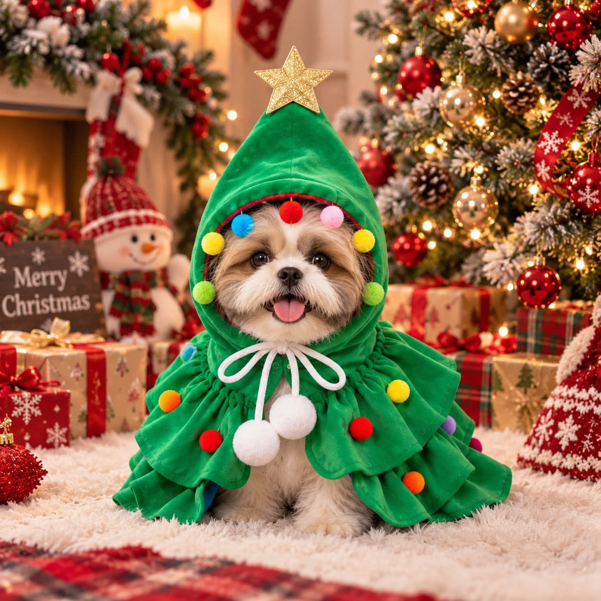 Shih Tzu wearing a green Christmas tree dog costume with colourful baubles and star