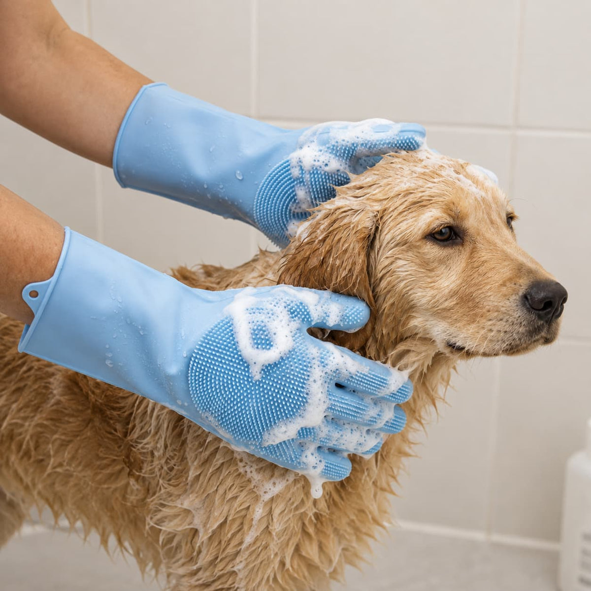 Dog being bathed with blue silicone grooming gloves for washing and massaging the coat