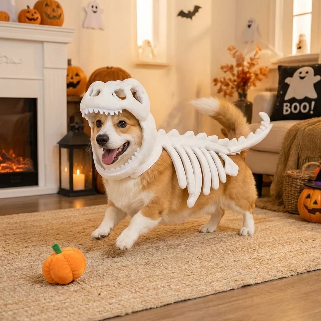 Happy dog wearing a white skeleton Halloween costume inside a cosy home decorated with pumpkins and seasonal decorations