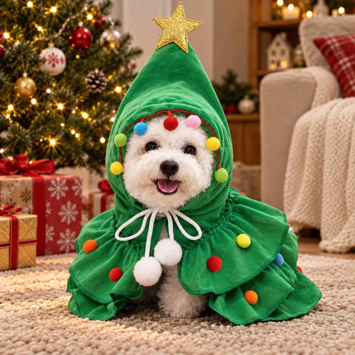 Small white dog wearing a festive green Christmas tree costume beside Christmas decorations