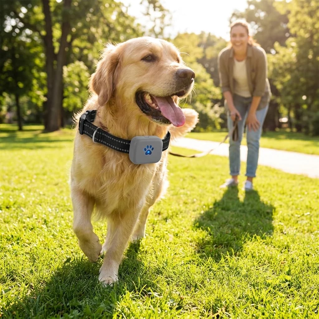 Golden Retriever wearing a black adjustable smart dog collar with a blue electronic device while standing in a sunny park.