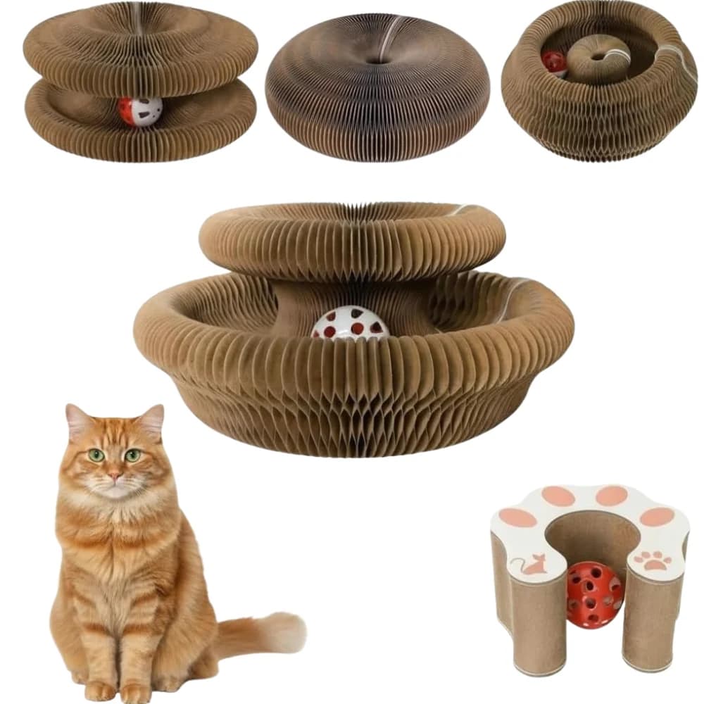 Stackable round cardboard cat scratcher featuring multiple levels and interactive rolling ball tracks