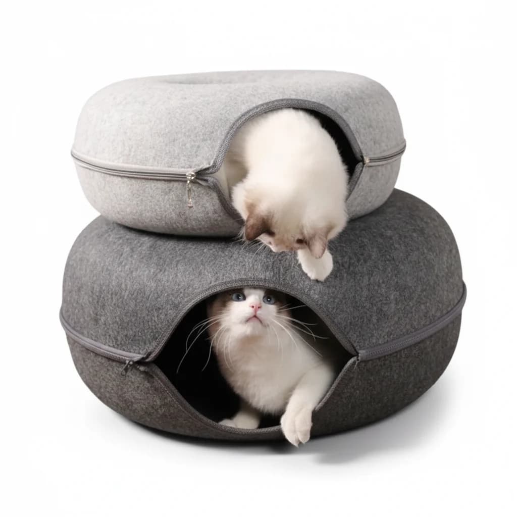 Two stacked grey cat cave beds with white cats resting inside the soft enclosed sleeping spaces