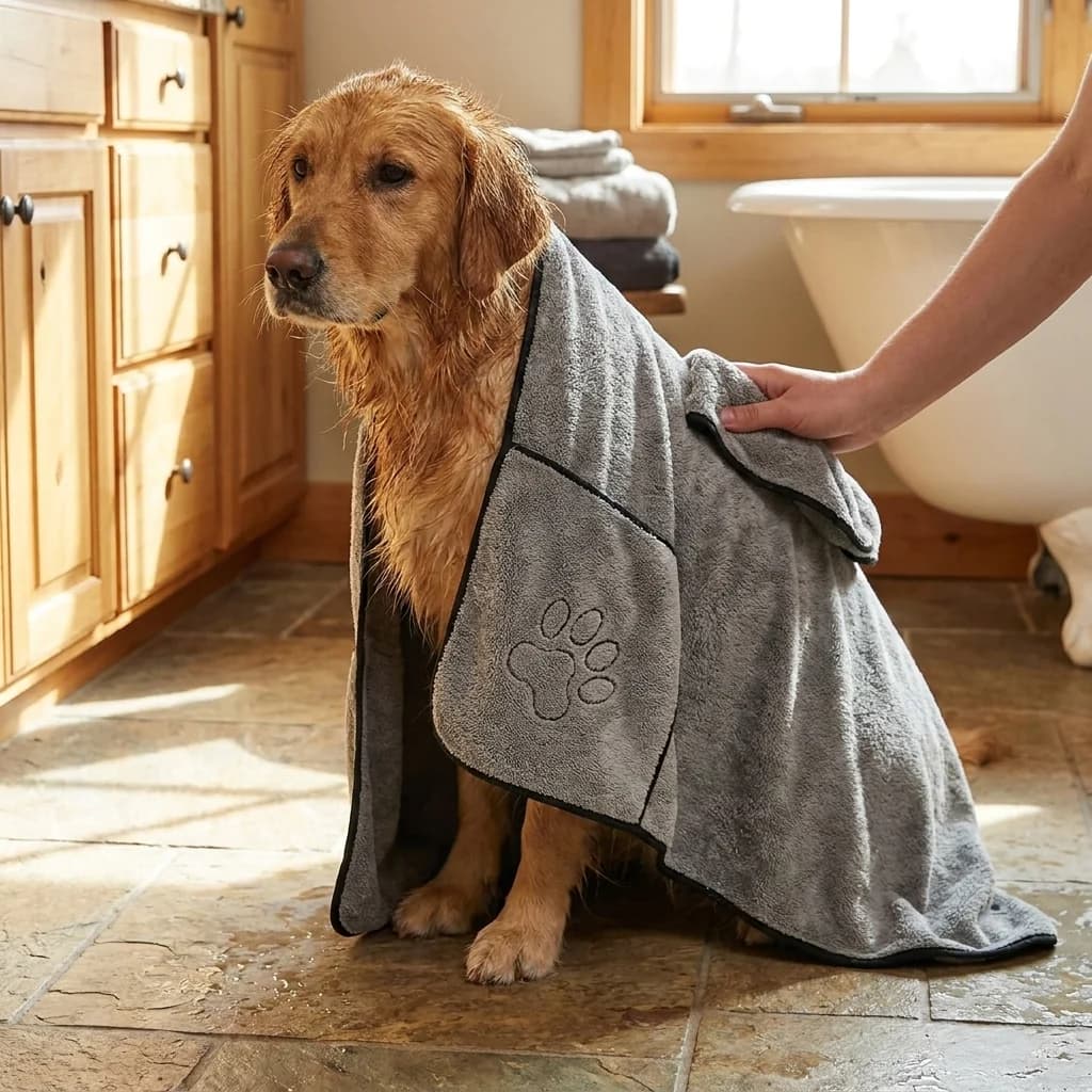 Wet Golden Retriever wrapped in a soft grey absorbent pet towel while being dried in a bright bathroom