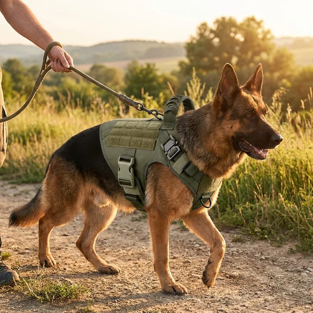 German Shepherd wearing an olive green tactical dog harness while walking on a countryside trail with its owner.