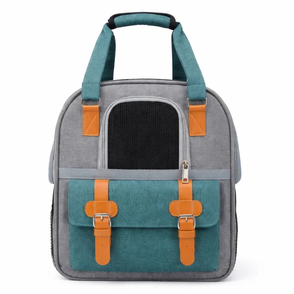Teal pet carrier backpack with breathable mesh window and brown front straps