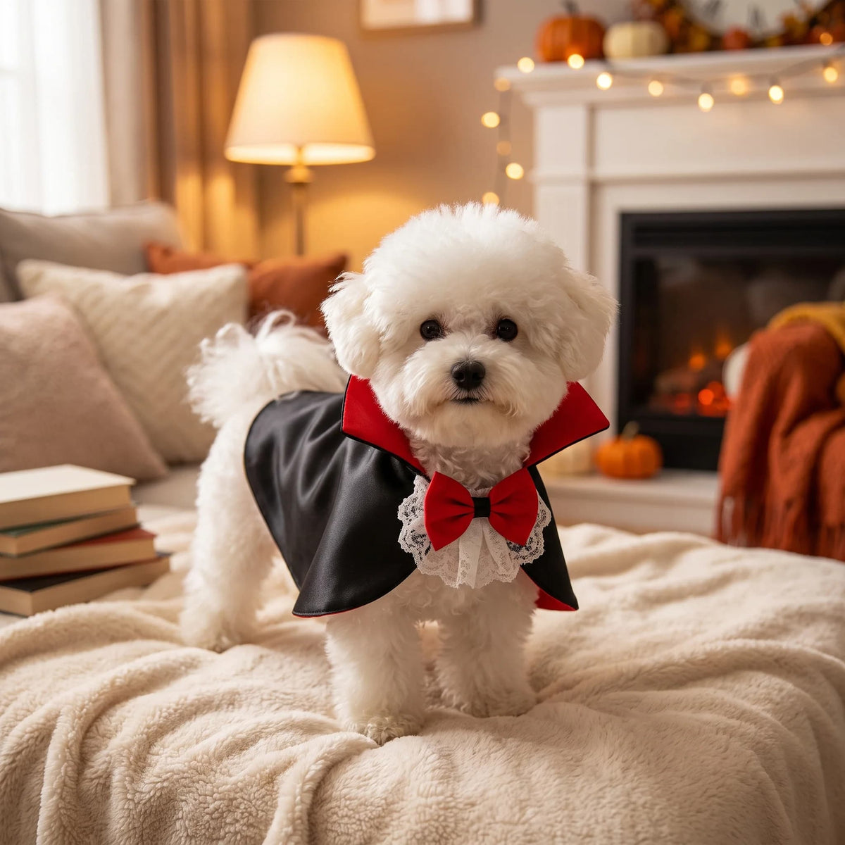 Small white dog wearing a black and red vampire cape costume in a cosy Halloween decorated home.