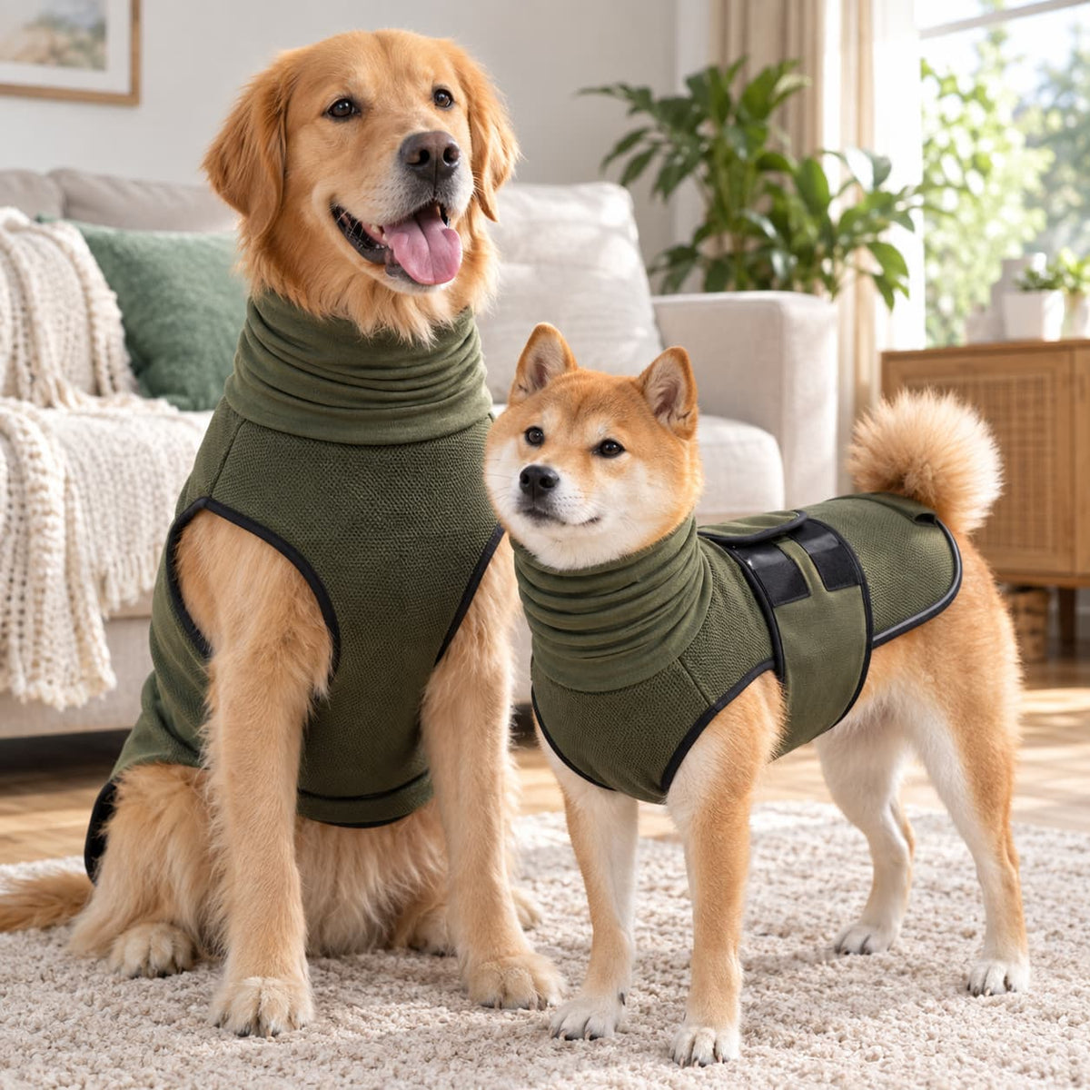 Golden Retriever and Shiba Inu wearing matching olive green fleece dog vests together in a bright cosy living room.