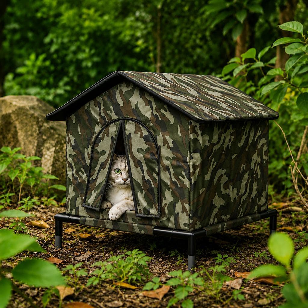 Camouflage outdoor cat shelter positioned in a leafy garden for protected resting