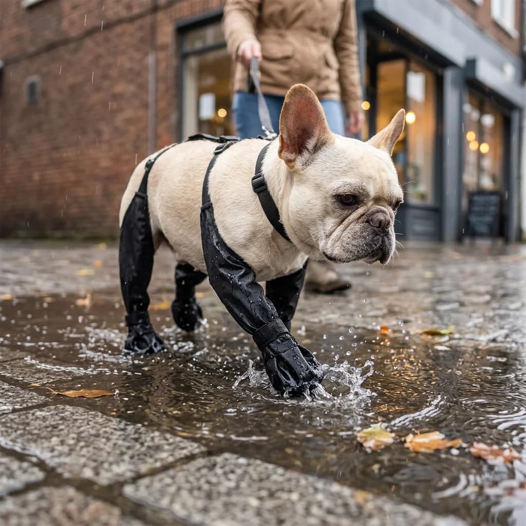 French Bulldog wearing black waterproof dog boots while walking through puddles on a wet pavement.