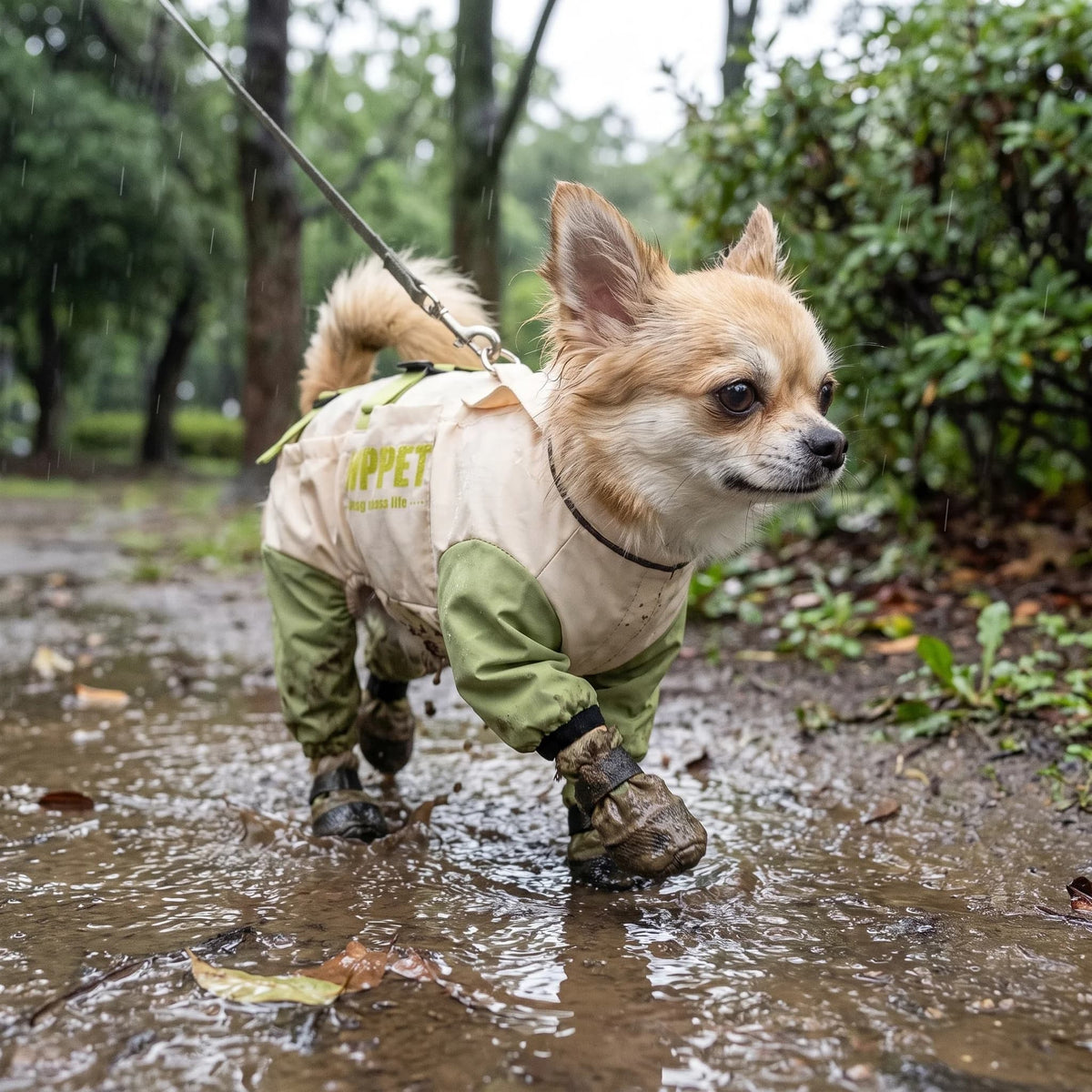 Small Chihuahua wearing a green and cream waterproof full body dog jumpsuit with protective boot covers while walking through a wet muddy park
