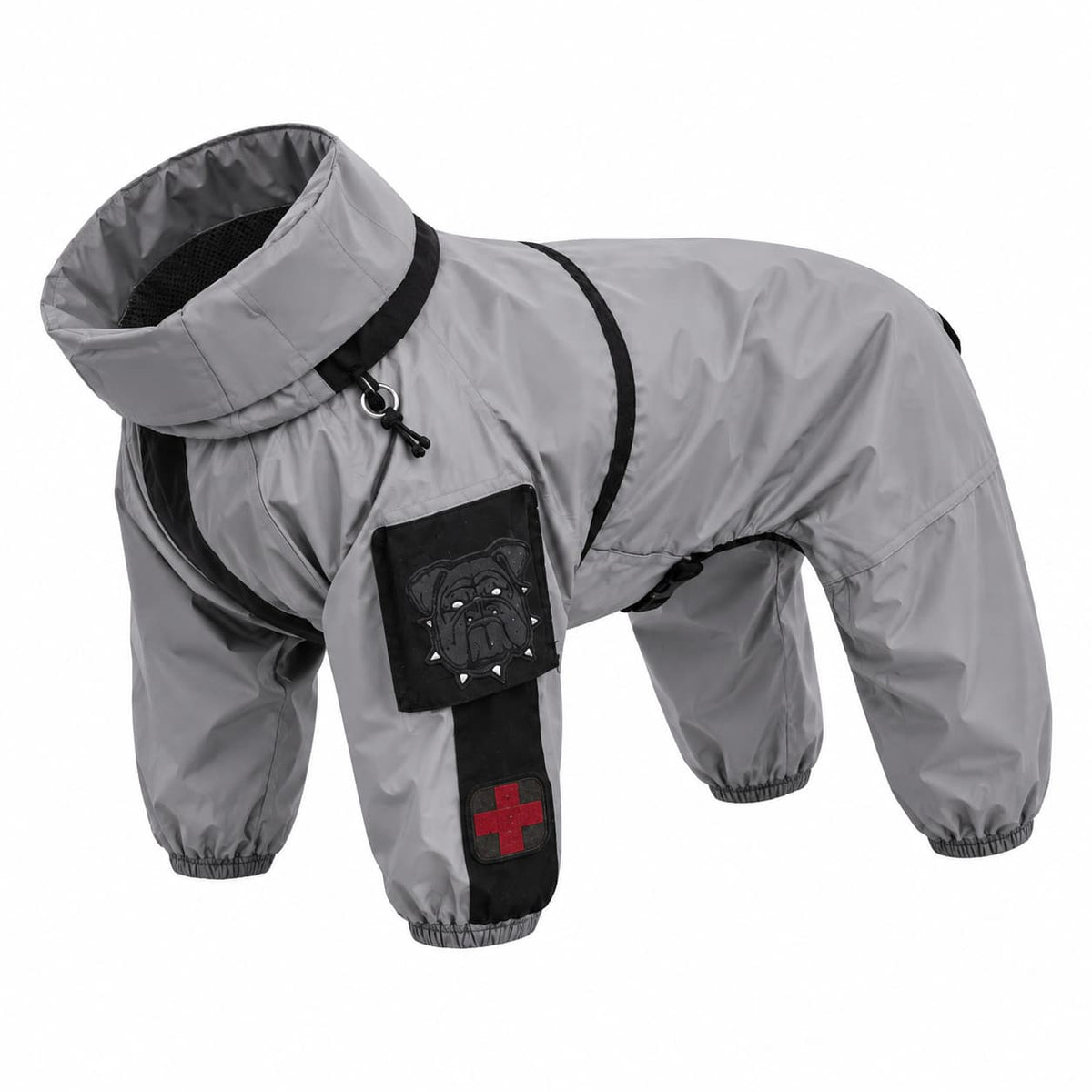 Grey waterproof dog jumpsuit raincoat with full body and leg coverage displayed on a white background