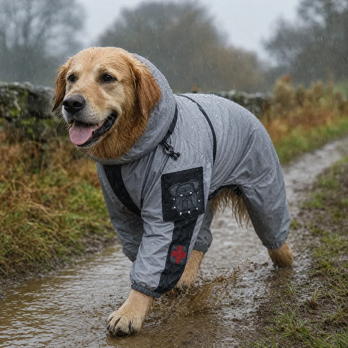 Golden Retriever wearing a waterproof full body dog raincoat while walking on a wet countryside trail