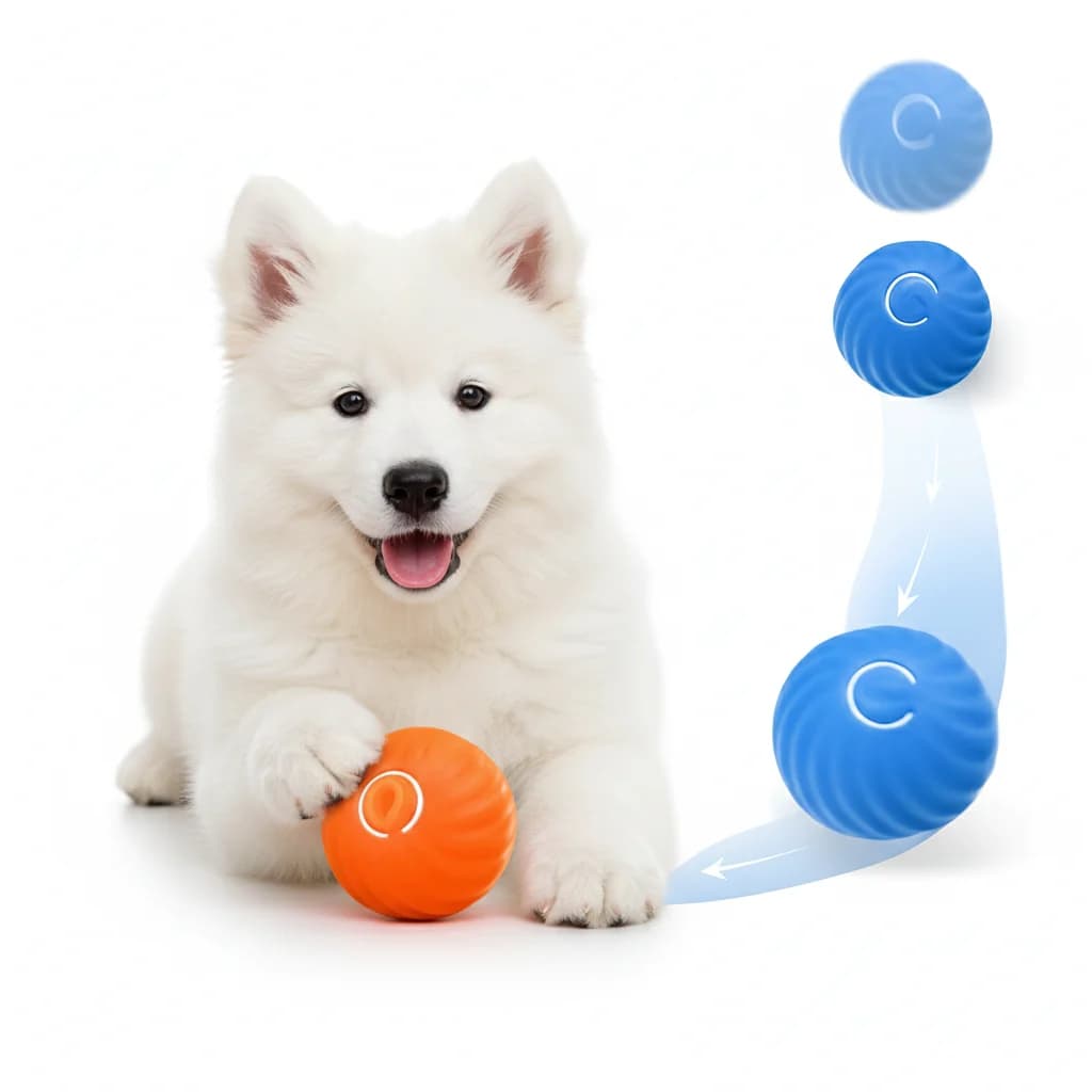 White dog sitting beside blue and orange interactive rolling ball toys