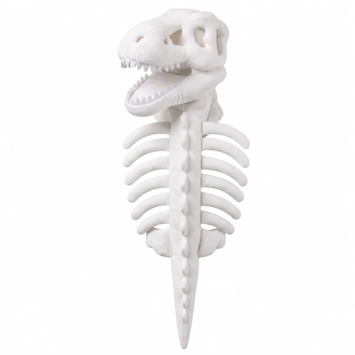 White dinosaur skeleton Halloween costume for dogs with skull headpiece, rib cage and tail isolated on a clean white background