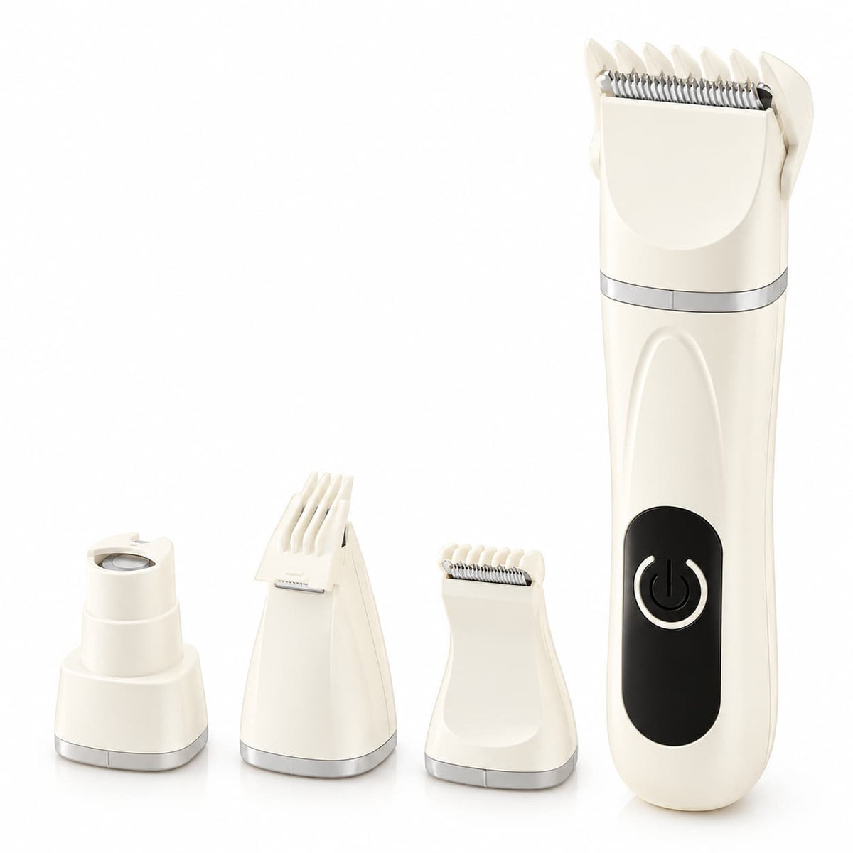 White electric pet grooming tool displayed with interchangeable grooming and nail care attachments.