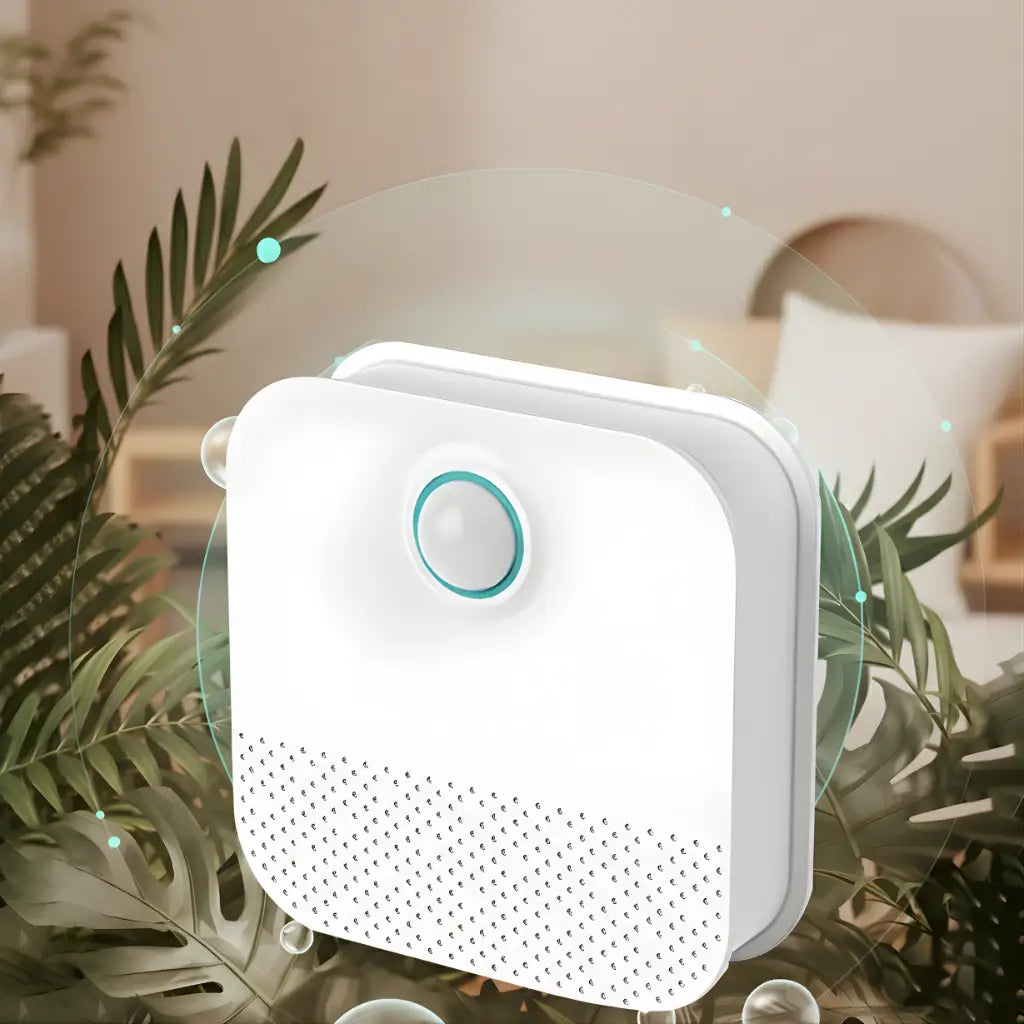 White air purifier with a green light on top, surrounded by green plants indoors