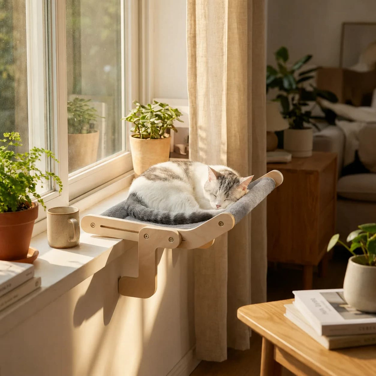 Cat resting comfortably on a window mounted hammock perch in a warm sunlit home.
