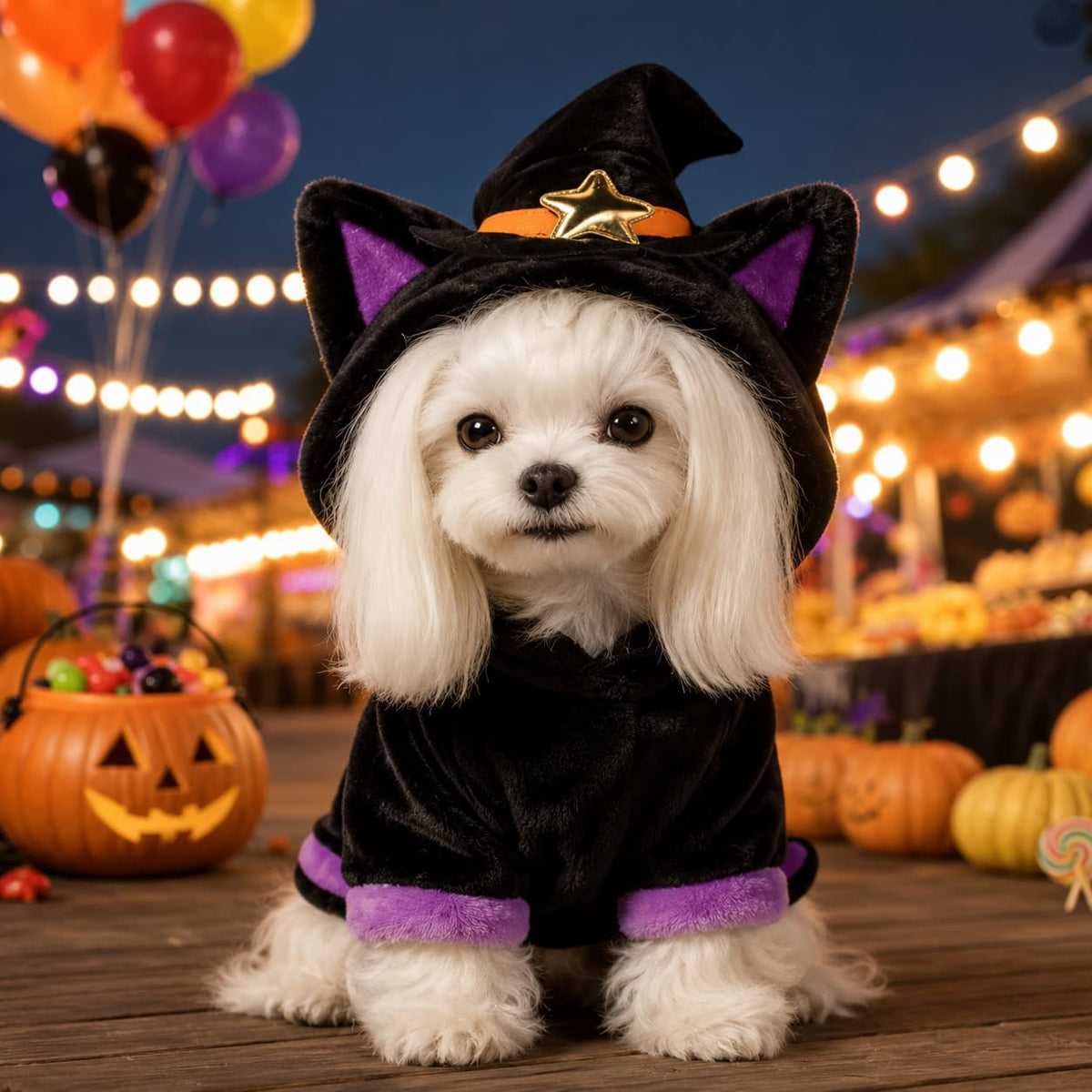 Small white dog wearing a black and purple witch cat Halloween costume with pointed hat at a festive Halloween event