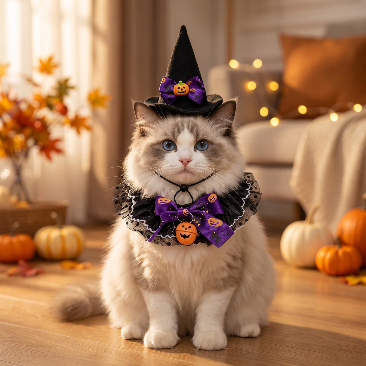 Fluffy cat wearing a purple witch Halloween costume with pointed hat and decorative pumpkin collar
