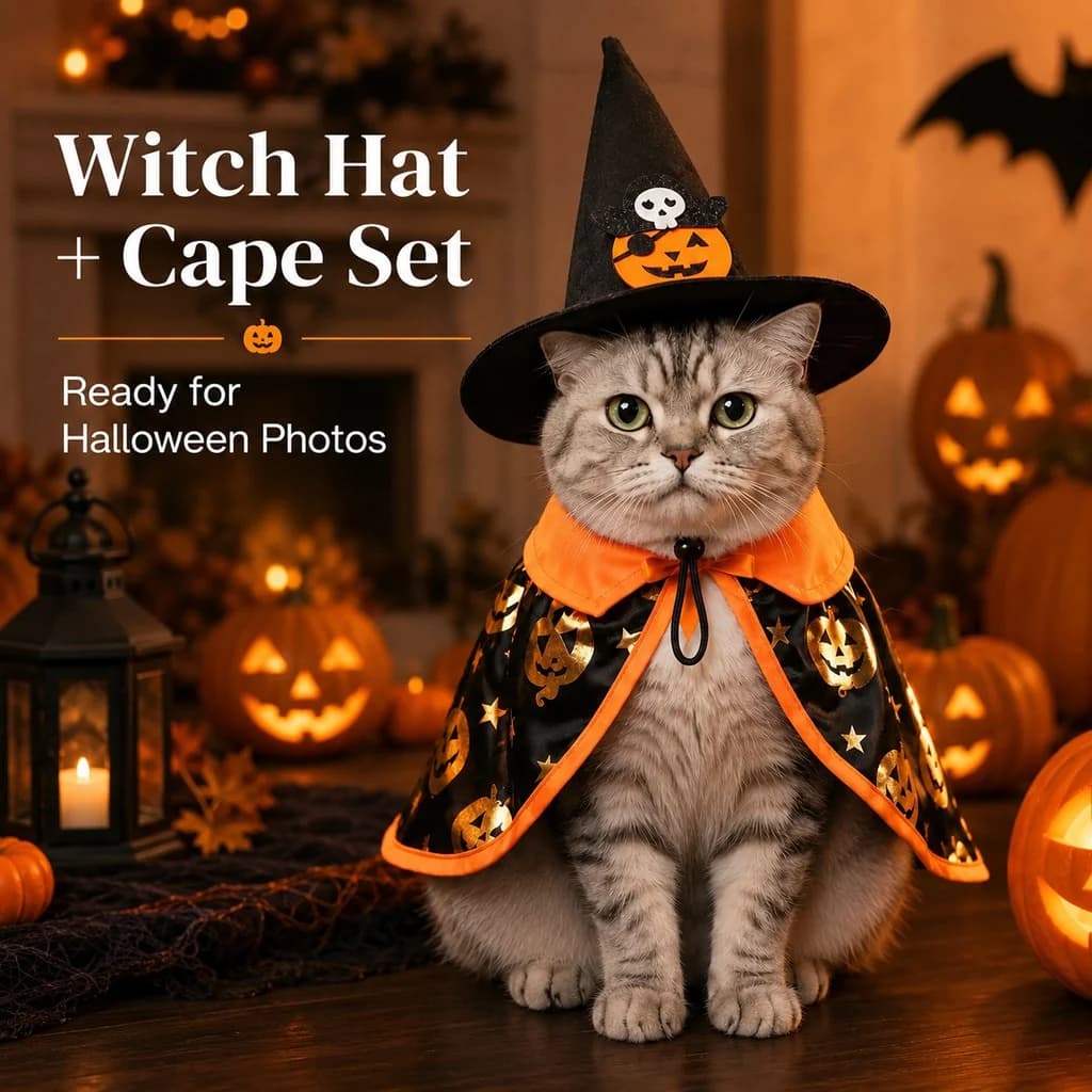 Grey cat wearing a matching Halloween witch hat and cape costume with orange trim