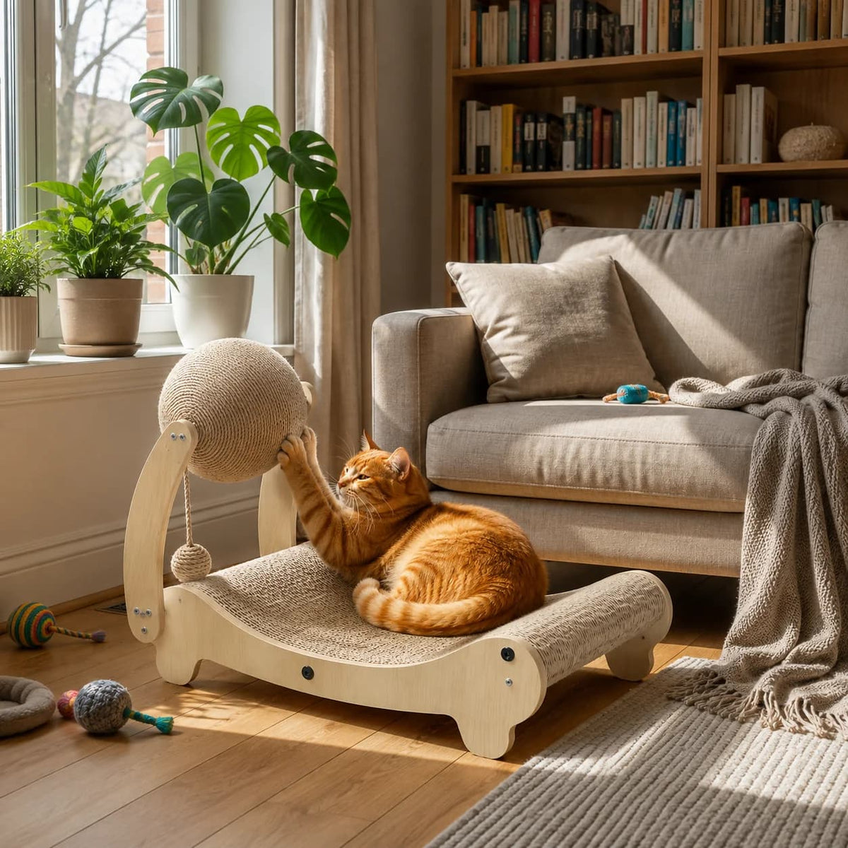 Ginger cat relaxing on a curved wooden scratching lounger with hanging interactive ball toy in a living room