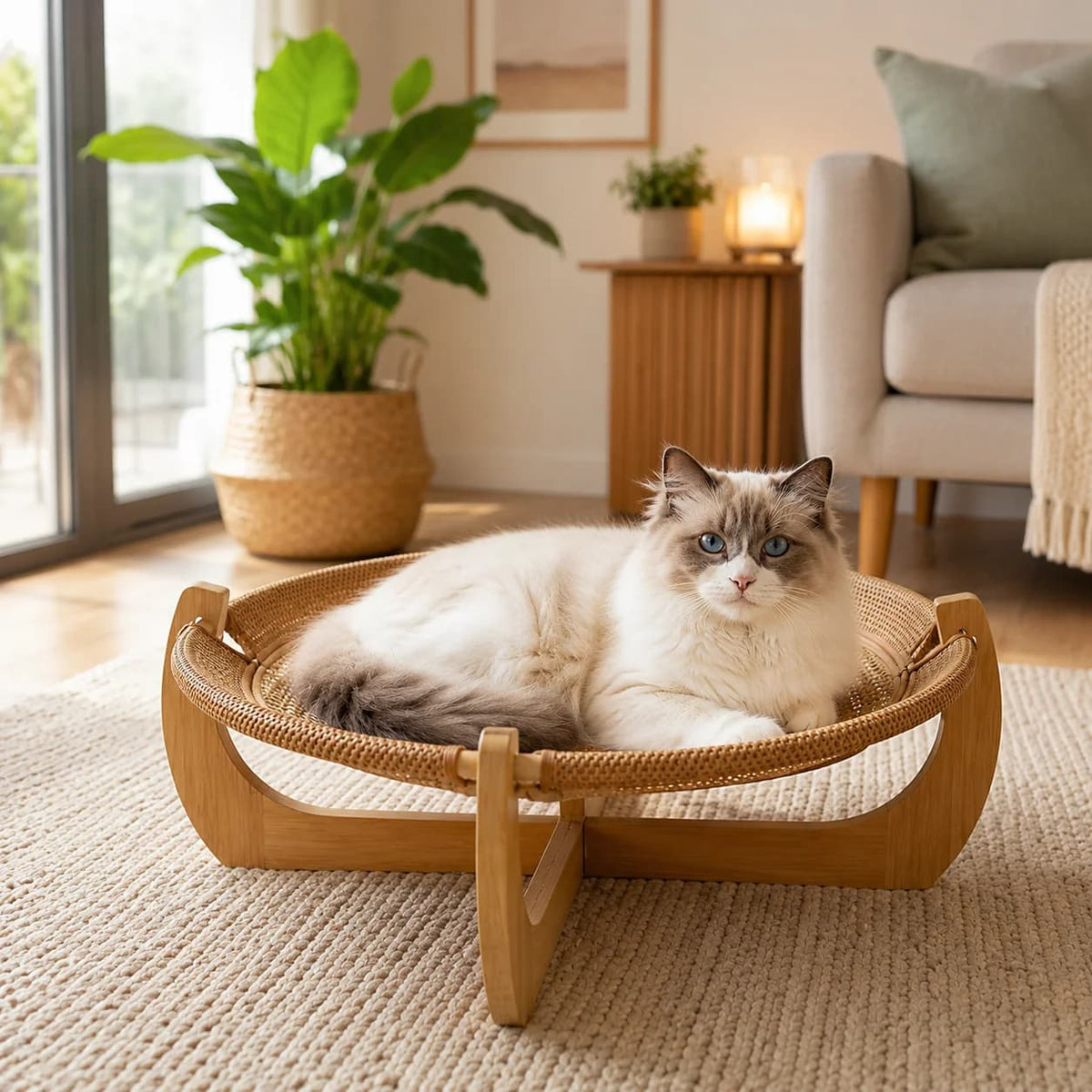 Fluffy cat lounging on a woven elevated cat bed with sturdy wooden stand in a warm modern home