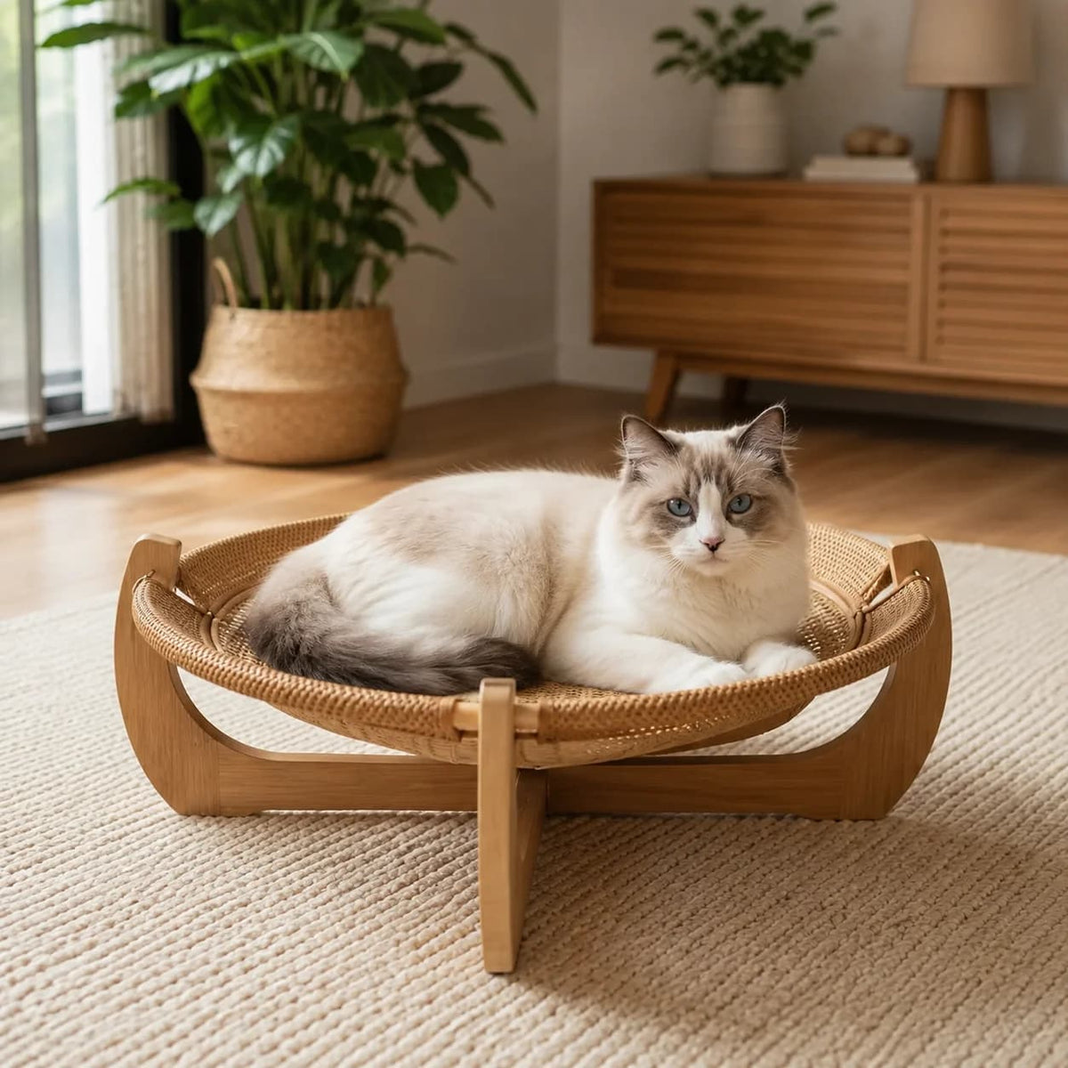 Cat resting peacefully on a raised woven hanging bed with curved wooden frame beside indoor plants in a bright living room