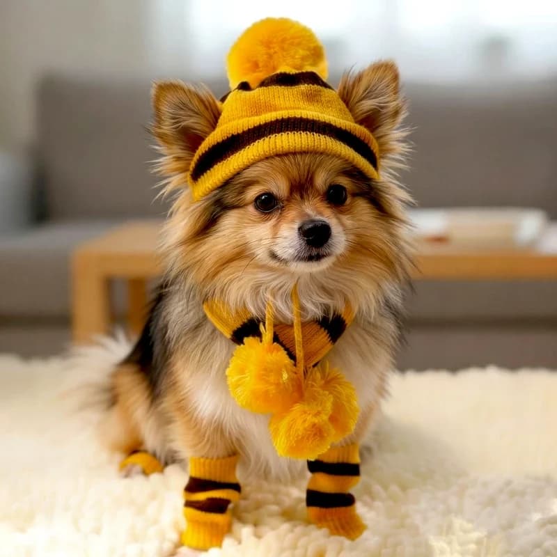 Small dog wearing a yellow and black striped bee costume with matching pom pom hat indoors