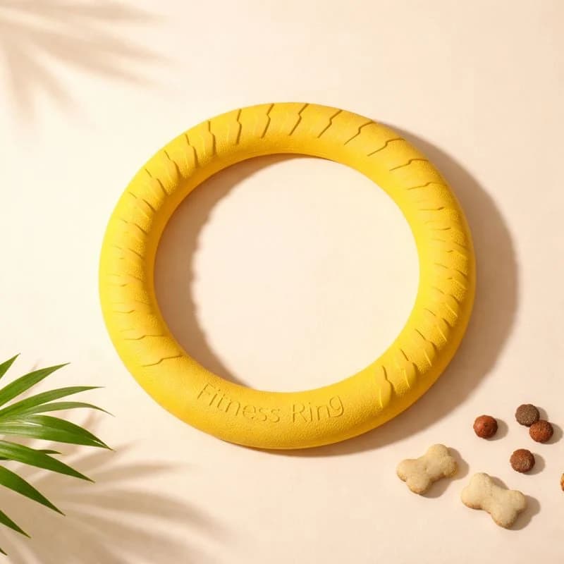 Yellow textured ring-shaped dog toy displayed on a neutral background with dry dog treats