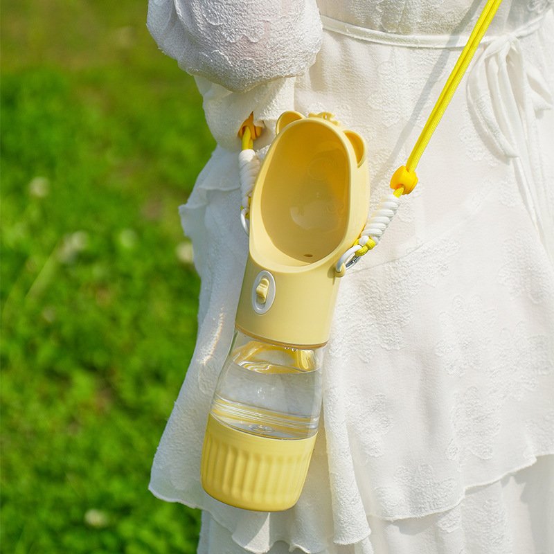 2 in 1 dog water bottle shown in purple, white and yellow colours