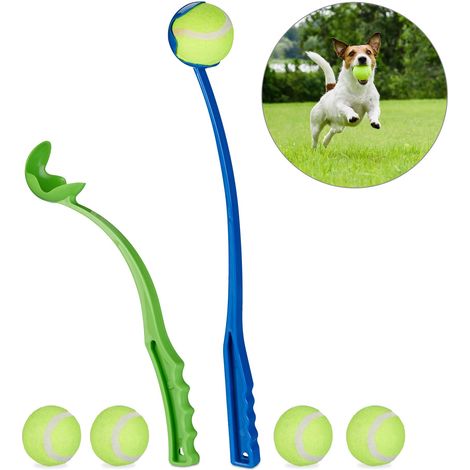 Relaxdays Ball Thrower, for Dogs, Set of 4 Launching Devices, Incl. 10 Balls, Pet Toys for Outdoor & Park, Blue/Green - 1
