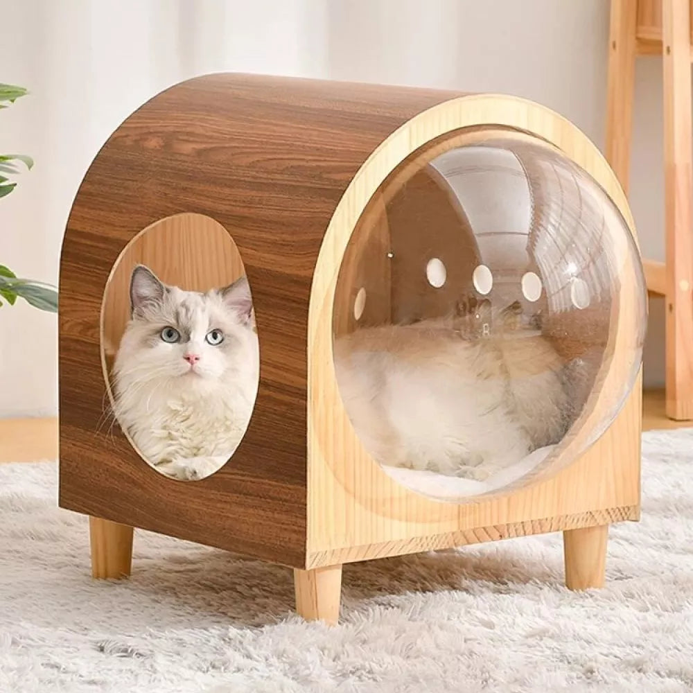 ScritchPets Wooden Space Capsule Cat Bed with Cushion