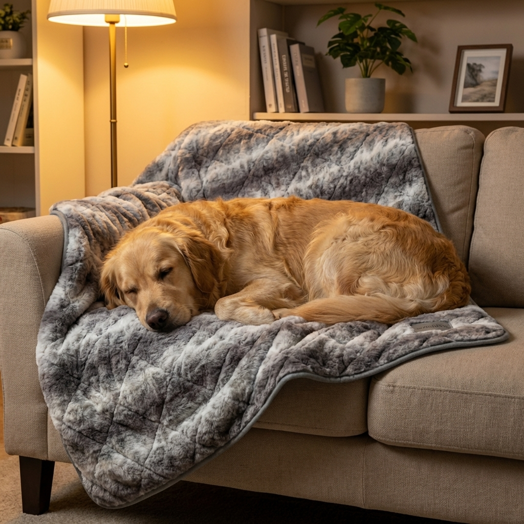 Dog lying on ScritchPets blacket on a couch in a cozy living room.