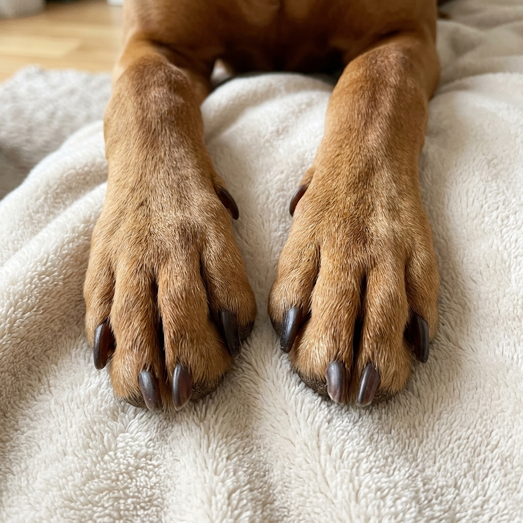 Close-up of a dog's paws with dark nails on a soft blanket after using GentlePaw Drum Grinder 