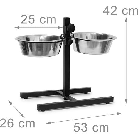 Relaxdays Stainless Steel Feeding Bowl, Set of 2, Height-Adjustable Stand, for Dogs, Non-Slip, 42 x 53 x 26 cm, Silver - 4