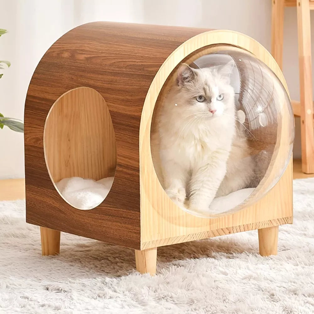 ScritchPets Wooden Space Capsule Cat Bed with Cushion