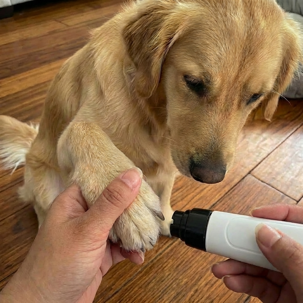 Dog using the GentlePaw Trimmer on a wooden floor.