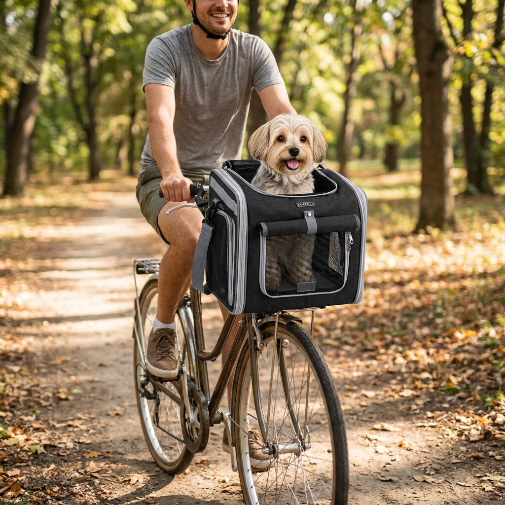 ScritchPets Expandable Dog Bike Basket Carrier lifestyle image