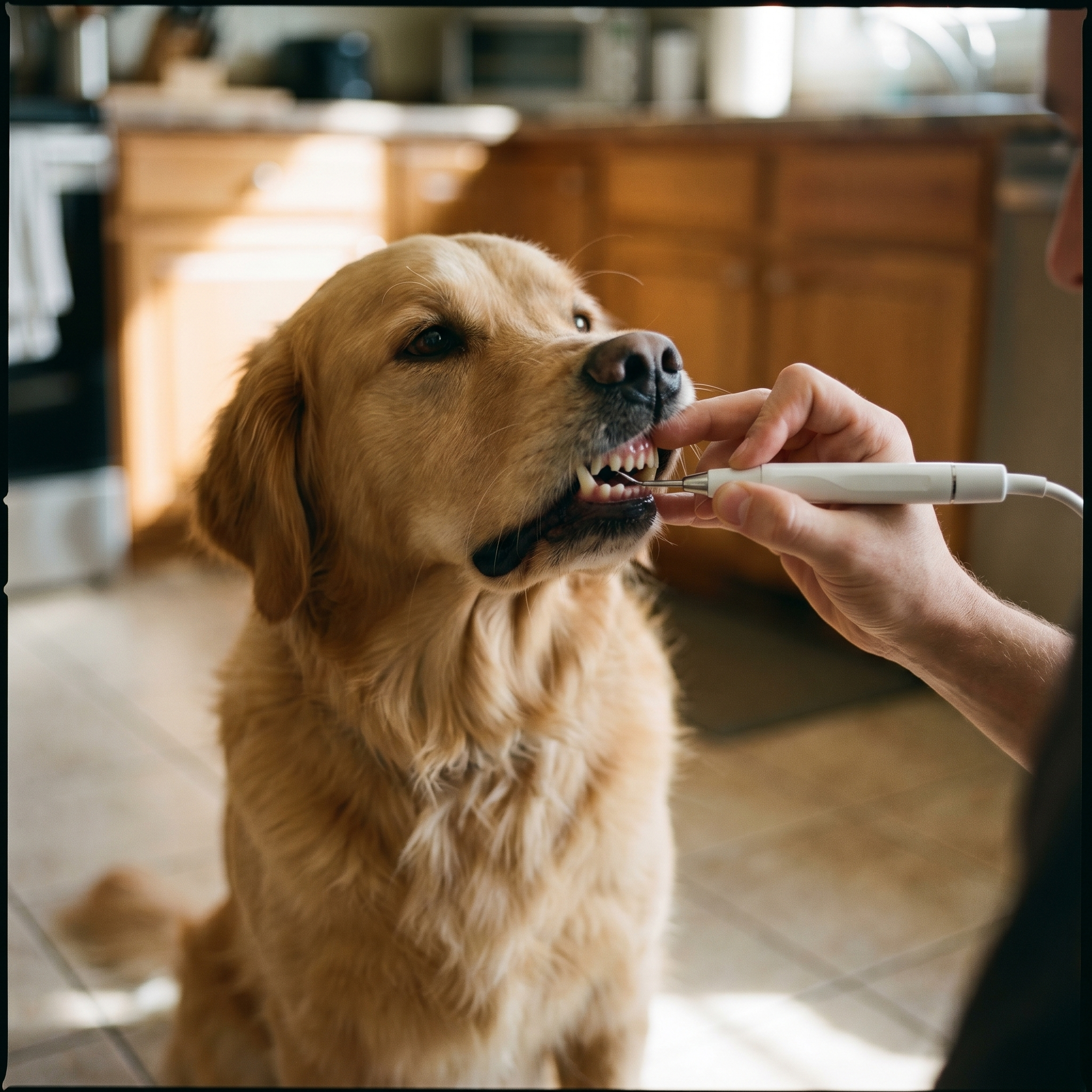 Dog having teeth cleaned with ScritchPets Ultrasonic Dental Scaler
