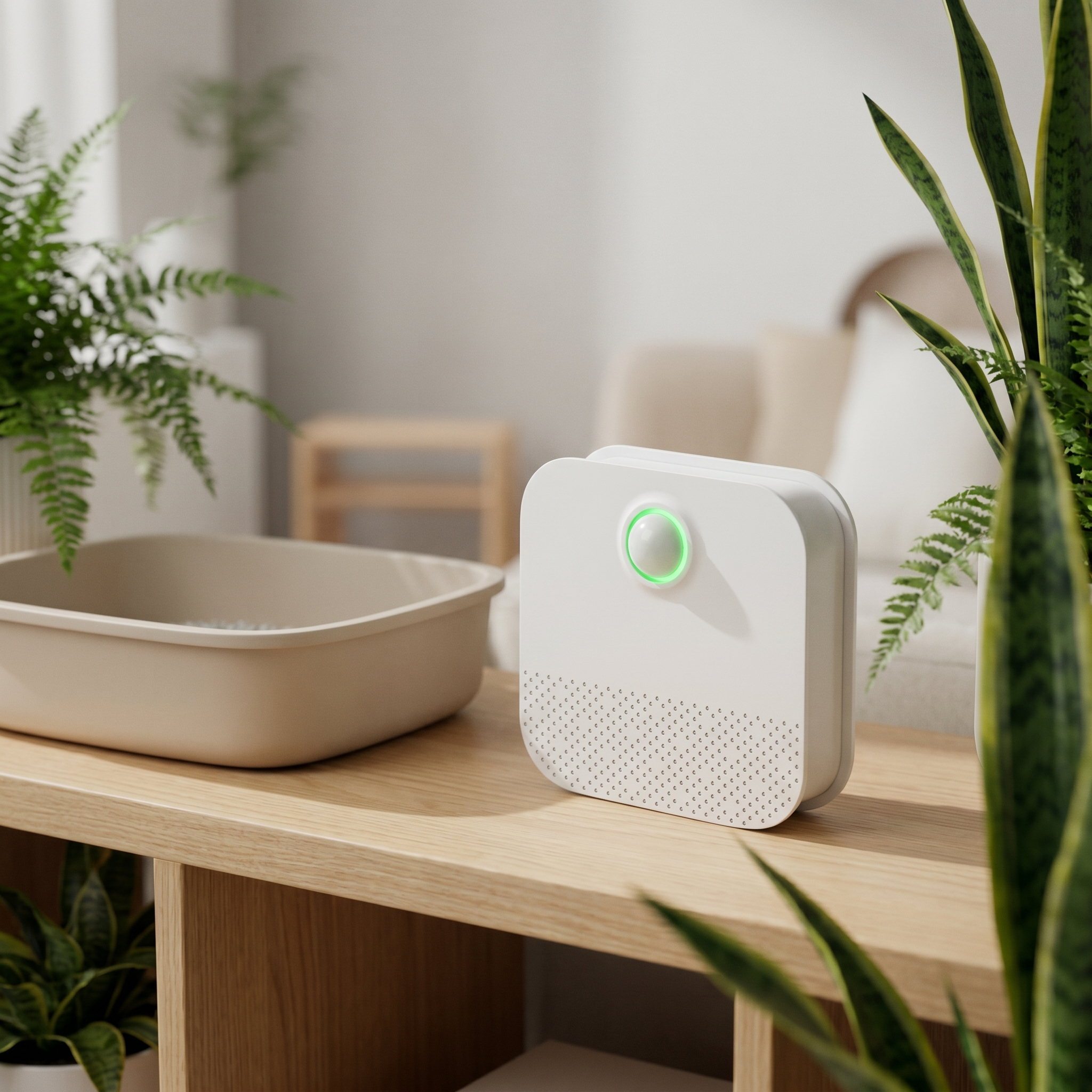 ScritchPets Smart Pet Odour Eliminator in a modern home near litter tray