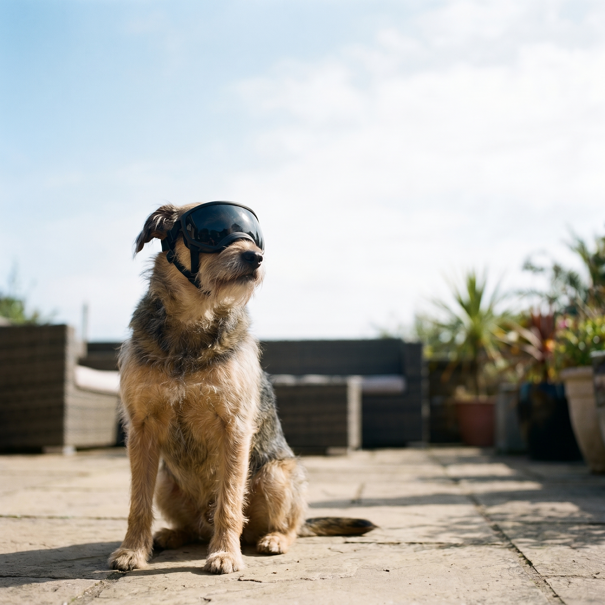 Dog wearing ScritchPets Waterproof Dog Sunglasses on a sunny patio