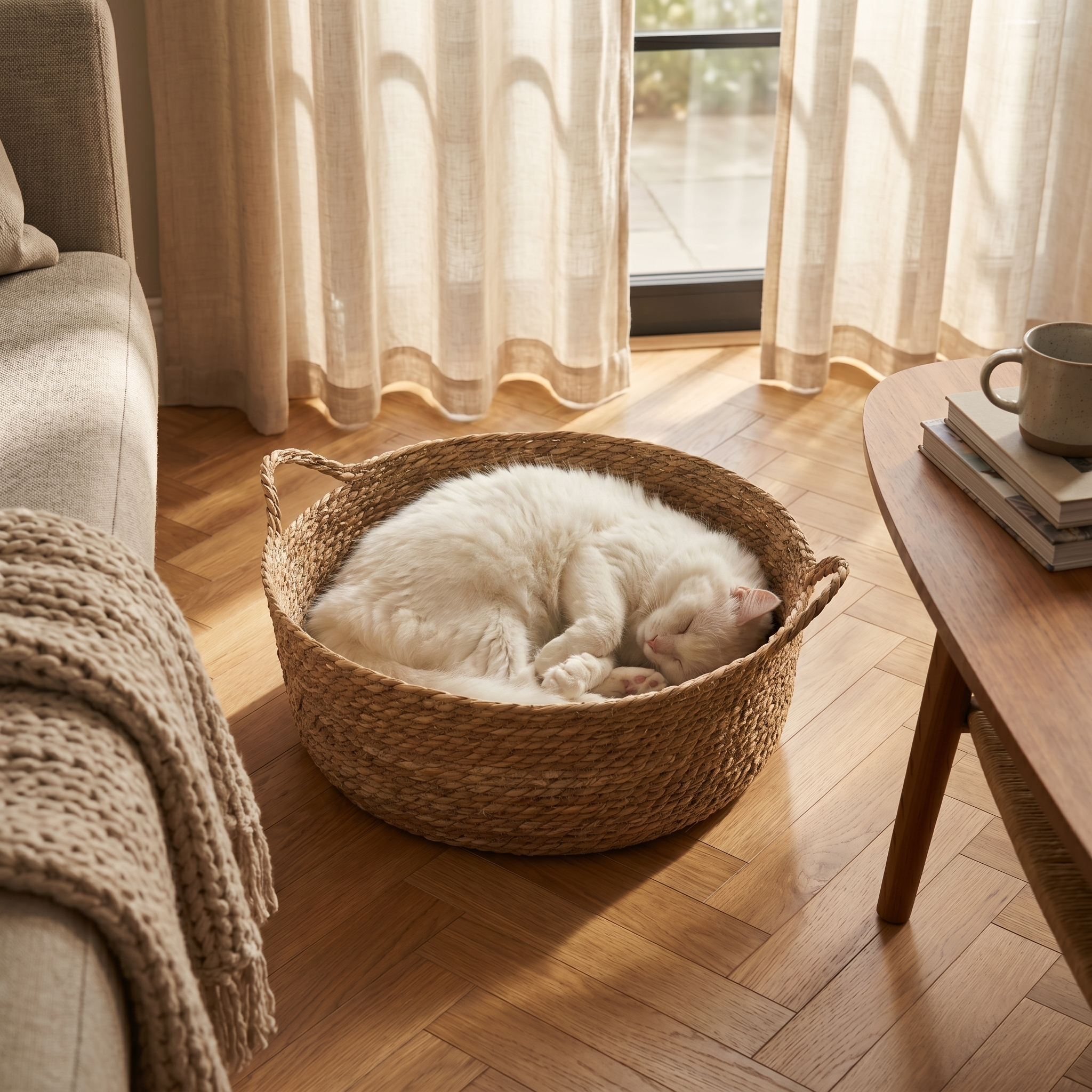 Cat sleeping in ScritchPets Handwoven Cattail Cat Basket in a Scandinavian living room
