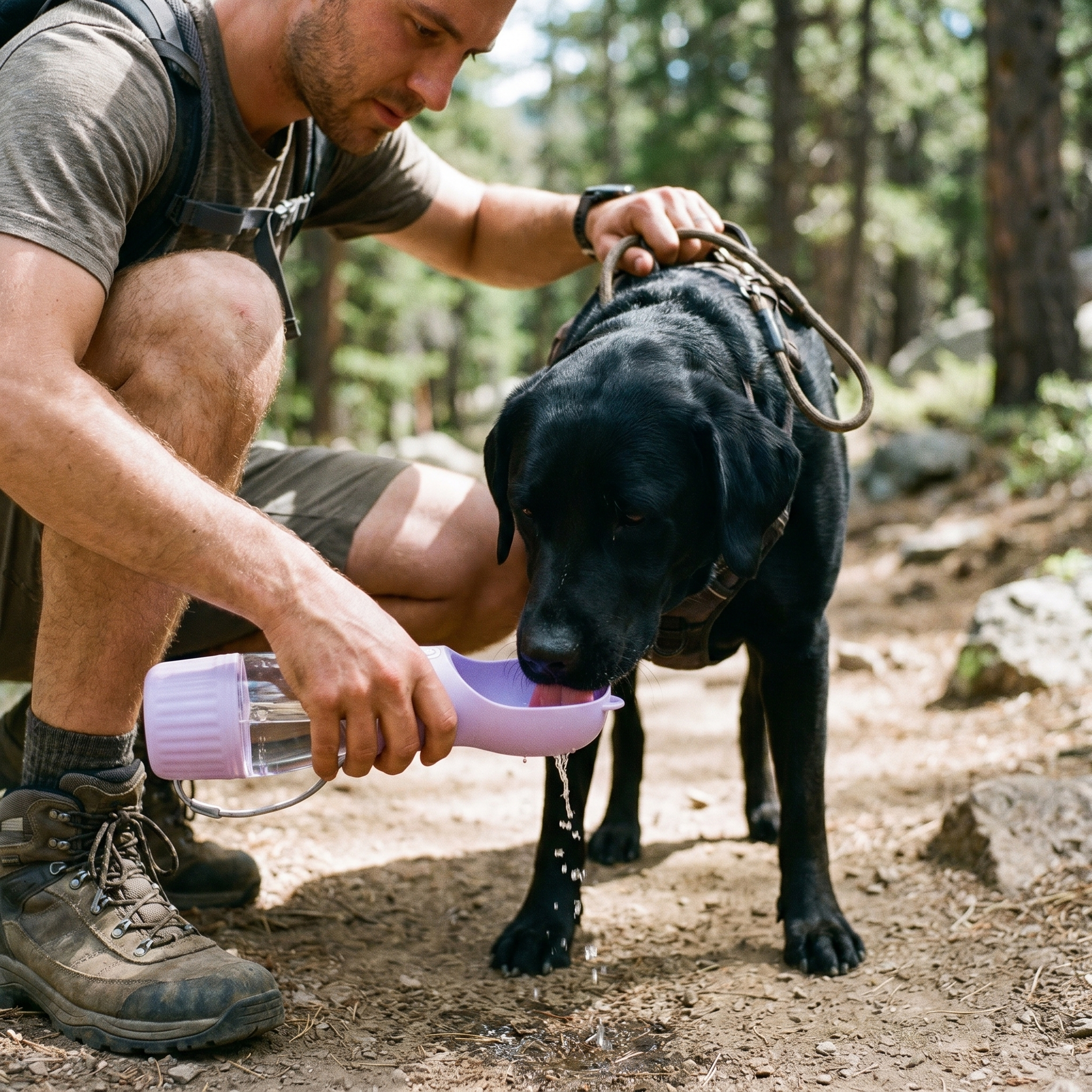 Dog drinking from ScritchPets 2 in 1 Dog Water Bottle on a hiking trail
