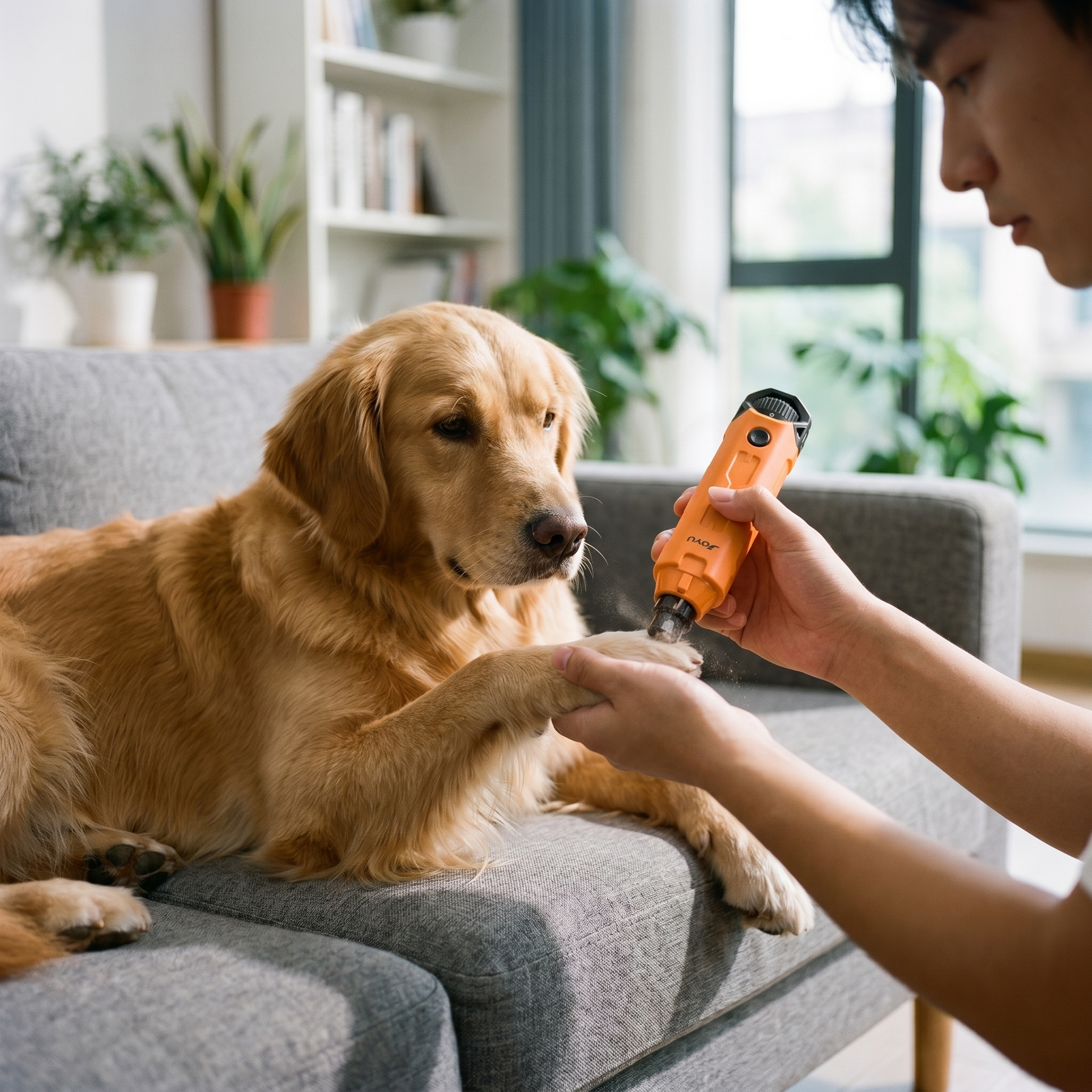 Owner using ScritchPets Premium Dog Nail Grinder on a relaxed dog