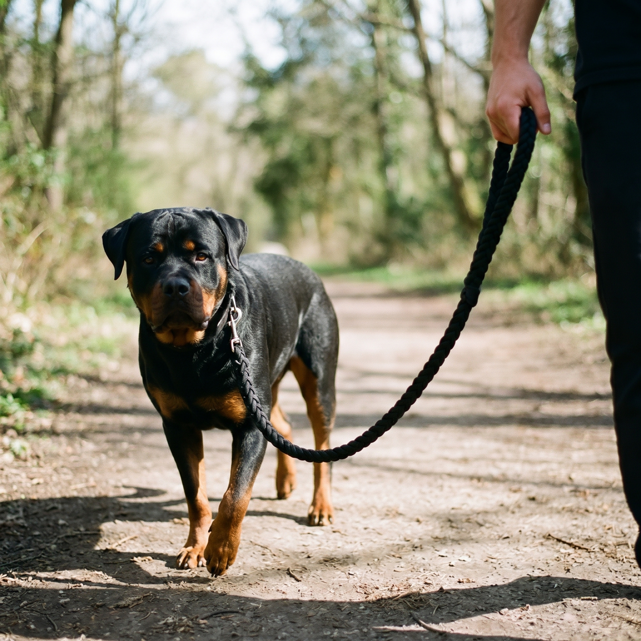 Dog walking with owner using ScritchPets Heavy Duty Braided Dog Lead in a park
