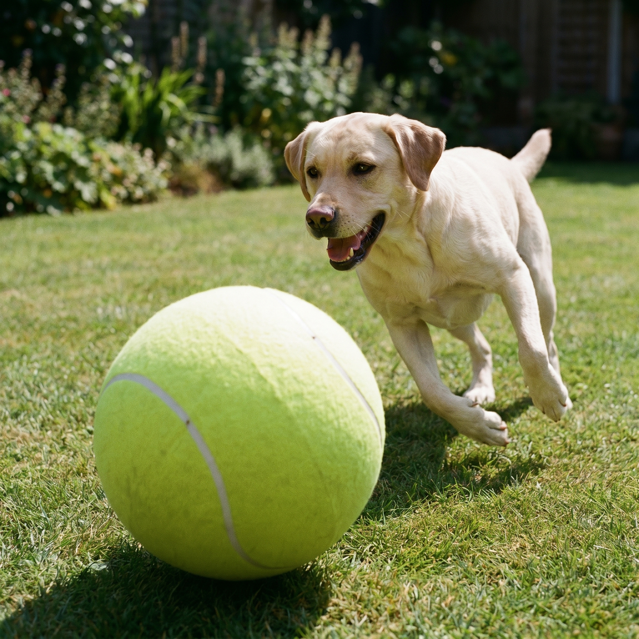 Dog playing with ScritchPets Giant Inflatable Dog Tennis Ball on a garden lawn