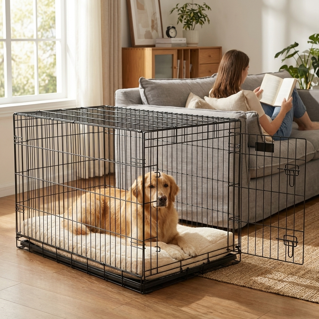 ScritchPets Foldable XXL Dog Crate with Cover in use