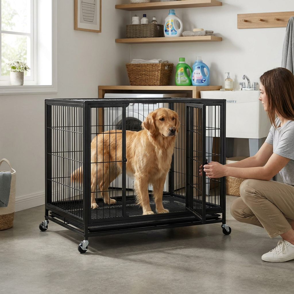 ScritchPets Heavy Duty Wheeled Dog Crate in use